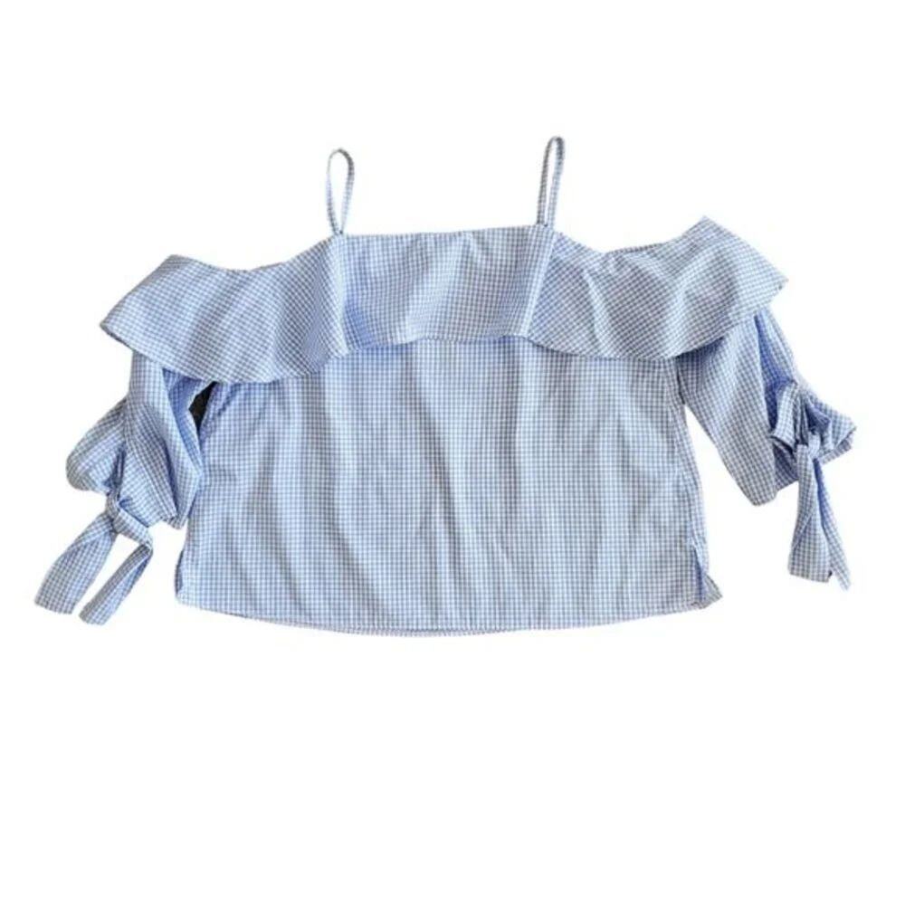 Topshop Blue White Gingham Cold Shoulder Ruffle Cropped Top Womens Size 6